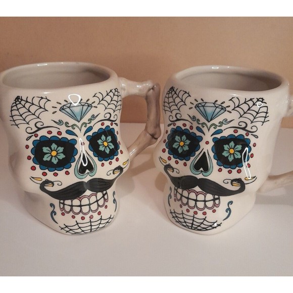 Set (2) Day Of The Dead Sugar Skull Skeleton Mugs Cracker Barrel Stoneware - Picture 1 of 10